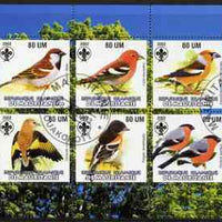 Mauritania 2002 Song Birds perf sheetlet containing 6 values cto used each with Scout logo