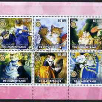 Mauritania 2002 Cartoon Cats #1 (pink border) perf sheetlet containing 6 values cto used each with Rotary logo
