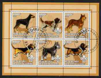 Ivory Coast 2002 Dogs #1 perf sheetlet containing 6 values cto used each with Scout logo