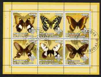 Ivory Coast 2002 Butterflies #1 (yellow border) perf sheetlet containing 6 values cto used each with Scout logo