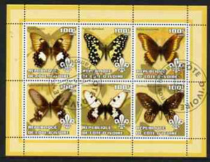 Ivory Coast 2002 Butterflies #1 (yellow border) perf sheetlet containing 6 values cto used each with Scout logo