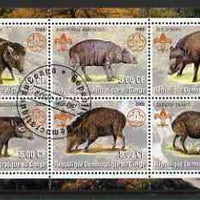 Congo 2002 Hogs perf sheetlet containing set of 6 values, each with Scouts & Guides Logos cto used