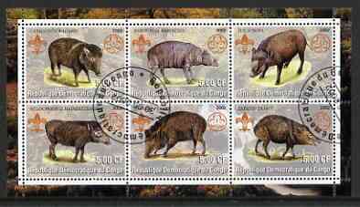 Congo 2002 Hogs perf sheetlet containing set of 6 values, each with Scouts & Guides Logos cto used