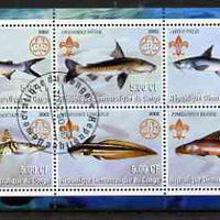 Congo 2002 Fish #1 perf sheetlet containing set of 6 values, each with Scouts & Guides Logos cto used