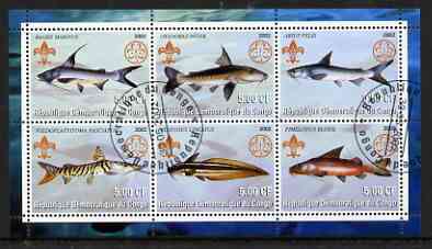 Congo 2002 Fish #1 perf sheetlet containing set of 6 values, each with Scouts & Guides Logos cto used