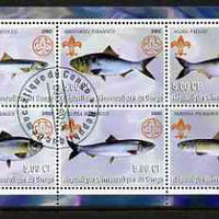 Congo 2002 Fish #2 perf sheetlet containing set of 6 values, each with Scouts & Guides Logos cto used