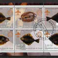 Congo 2002 Fish #3 (flat fish) perf sheetlet containing set of 6 values, each with Scouts & Guides Logos cto used