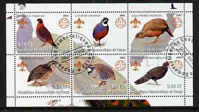 Congo 2002 Game Birds perf sheetlet containing set of 6 values, each with Scouts & Guides Logos cto used