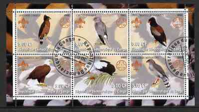 Congo 2002 Birds of Prey perf sheetlet containing set of 6 values, each with Scouts & Guides Logos cto used