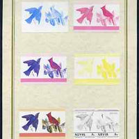 Nevis 1985 John Audubon Birds #1 (Leaders of the World) 5c set of 7 imperf progressive proof pairs comprising the 4 individual colours plus 2, 3 and all 4 colour composites mounted on special Format International cards (7 se-tenant proof pairs as SG 269a)