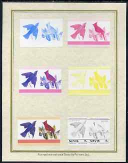 Nevis 1985 John Audubon Birds #1 (Leaders of the World) 5c set of 7 imperf progressive proof pairs comprising the 4 individual colours plus 2, 3 and all 4 colour composites mounted on special Format International cards (7 se-tenant proof pairs as SG 269a)