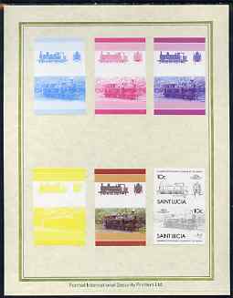 St Lucia 1985 Locomotives #4 (Leaders of the World) 10c '0-6-2 Tank' set of 7 imperf progressive proof pairs comprising the 4 individual colours plus 2, 3 and all 4 colour composites mounted on special Format International cards (as SG 824a)