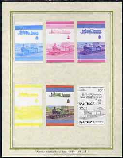 St Lucia 1985 Locomotives #4 (Leaders of the World) 30c 'Class M 4-4-0' set of 7 imperf progressive proof pairs comprising the 4 individual colours plus 2, 3 and all 4 colour composites mounted on special Format International cards (as SG 826a)
