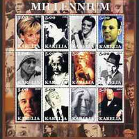 Karelia Republic 2002 Millennium #1 perf sheetlet containing set of 12 values unmounted mint (Diana, Chaplin, Elvis, Mother Teresa, Einstein, Marilyn, Sinatra, Picasso, Churchill, JFK, etc)