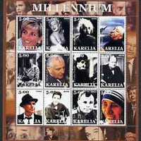 Karelia Republic 2002 Millennium #2 perf sheetlet containing set of 12 values unmounted mint (Diana, Chaplin, Elvis, Mather Teresa, Einstein, Marilyn, Sinatra, Picasso, Churchill, JFK, etc)