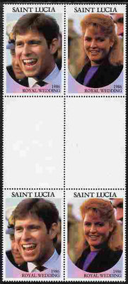 St Lucia 1986 Royal Wedding (Andrew & Fergie) 80c perforated se-tenant gutter block of 4 with face value omitted unmounted mint