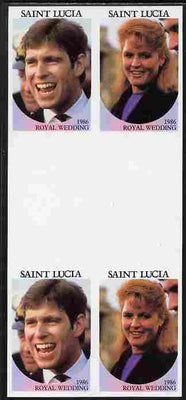 St Lucia 1986 Royal Wedding (Andrew & Fergie) 80c imperf se-tenant gutter block of 4 with face value omitted unmounted mint