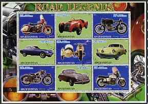 Afghanistan 2001 Road Legends perf sheetlet containing set of 9 values cto used (5 Motorcycles & 4 cars)