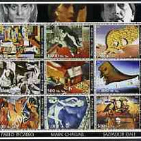 Somalia 2002 Modern Art perf sheetlet containing set of 9 values cto used (Picasso, Chagall & Dali)