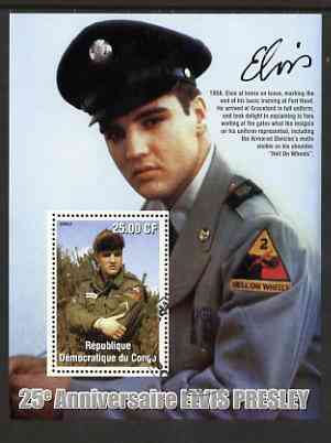 Congo 2002 25th Death Anniversary of Elvis Presley perf souvenir sheet #6 (1958 colour pic of Elvis in GI uniform) cto used