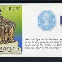 Cinderella - Great Britain 1974 Europa Souvenir Sheet Celebrating Birth of Sir Winston Churchill with 1/2p & 3p octagonal postally valid stamps, with quotation 'We shall fight on the beaches ...' unmounted mint