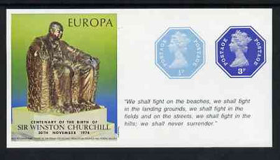 Cinderella - Great Britain 1974 Europa Souvenir Sheet Celebrating Birth of Sir Winston Churchill with 1/2p & 3p octagonal postally valid stamps, with quotation 'We shall fight on the beaches ...' unmounted mint