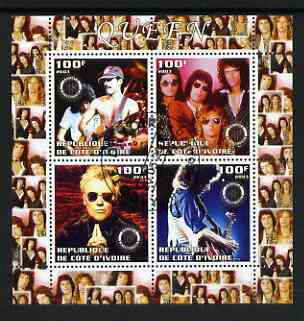 Ivory Coast 2003 Queen (pop group) perf sheetlet containing set of 4 values each with Rotary International Logo cto used