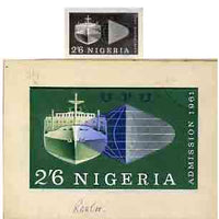 Nigeria 1961 Admission into UPU superb piece of original artwork for 2s6d value probably by M Goaman, very similar to issued stamp, size 6.5"x4" plus stamp-size black & white photographic reproduction