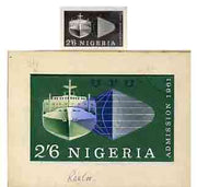 Nigeria 1961 Admission into UPU superb piece of original artwork for 2s6d value probably by M Goaman, very similar to issued stamp, size 6.5"x4" plus stamp-size black & white photographic reproduction