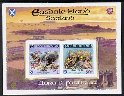Easdale 1988 Flora & Fauna definitive imperf sheetlet containing 36p (shell) & £1 (Birds) each overprinted SPECIMEN unmounted mint