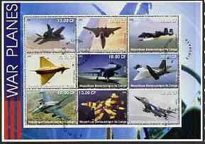 Congo 2002 War Planes perf sheetlet containing set of 9 values fine cto used
