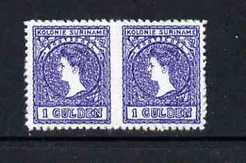 Surinam 1907 Wilhelmina 1g horiz pair imperf between being a 'Hialeah' forgery on gummed paper (as SG 102var)