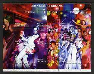 Turkmenistan 1999 20th Century Dreams #06 composite perf sheetlet containing 9 values unmounted mint (Liza Minnelli, John Travolta, Truman Capote, Liz Taylor, Stallone, Elton John, Dali, etc)