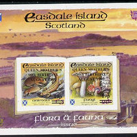 Easdale 1990 90th Birthday of Queen Mother overprinted on Flora & Fauna definitive imperf sheetlet containing 19p on 26p (Fungi) & 19p on £5 (Animals) unmounted mint