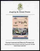 St Lucia 1984 Cars #1 (Leaders of the World) $2.50 Duesenberg 1932 SJ Roadster imperf se-tenant proof pair mounted on Format International proof card