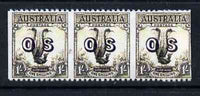 Australia 1932 Lyre Bird 1s opt'd OS horiz strip of 3 with vert perfs omitted being a 'Hialeah' forgery on gummed paper (as SG O136var)