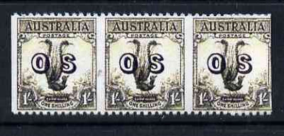 Australia 1932 Lyre Bird 1s opt'd OS horiz strip of 3 with vert perfs omitted being a 'Hialeah' forgery on gummed paper (as SG O136var)