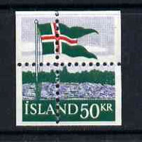 Iceland 1958 40th Anniversary of Flag 50k with misplaced perfs such that stamp is quartered, being a 'Hialeah' forgery on gummed paper (as SG 359)