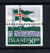 Iceland 1958 40th Anniversary of Flag 50k with misplaced perfs such that stamp is quartered, being a 'Hialeah' forgery on gummed paper (as SG 359)