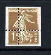 France 1932 Sower 1c with perfs misplaced such that stamp is quartered, being a 'Hialeah' forgery on gummed paper (as SG 497)
