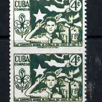 Cuba 1954 3rd National Scout Camp 4c vert pair with horiz perfs omitted being a 'Hialeah' forgery on gummed paper (as SG 721)