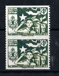 Cuba 1954 3rd National Scout Camp 4c vert pair with horiz perfs omitted being a 'Hialeah' forgery on gummed paper (as SG 721)
