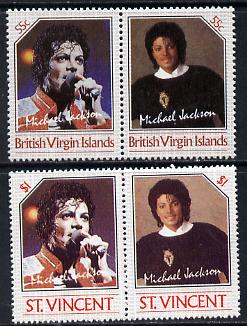 British Virgin Islands 1985 Michael Jackson 55c Unissued perf unmounted mint se-tenant pair - this issue was rejected by the Queen as only living Royalty may be depicted on BVI stamps.,The design was ultimately used for St Vincent……Details Below