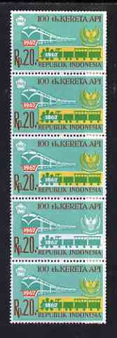 Indonesia 1968 Railway Centenary 20r vert strip of 5, yellow completely omitted from one stamp and partially omitted from another, unmounted mint SG 1193var