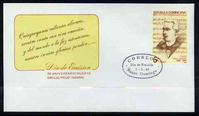 Dominican Republic 1982 Death Anniversary of Emilio Prud'Homme (composer of Nat anthem) on illustrated cover with first day cancel, SG 1496