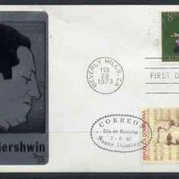 United States 1973 American Arts Commemoration - George Gershwin (composer) on metal plaque cover with first day Beverly Hills cancel double used with Dominican Republic Emilio Prud'Homme stamp with first day cancel (only 30 such covers produced)