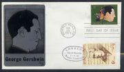 United States 1973 American Arts Commemoration - George Gershwin (composer) on metal plaque cover with first day Beverly Hills cancel double used with Dominican Republic Emilio Prud'Homme stamp with first day cancel (only 30 such covers produced)