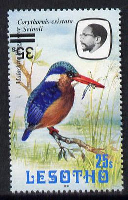 Lesotho 1986-88 Malachite Kingfisher Provisional 35s on 25s (1981 issue) with surch inverted showing 'small s' variety cat £100 as normal (SG 720bb var)