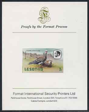 Lesotho 1981 Rock Pigeon 2s imperf proof mounted on Format International proof card (as SG 438)