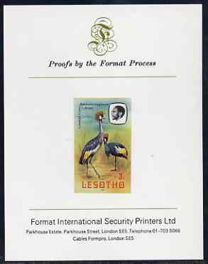 Lesotho 1981 Crowned Crane 3s imperf proof mounted on Format International proof card (as SG 439)
